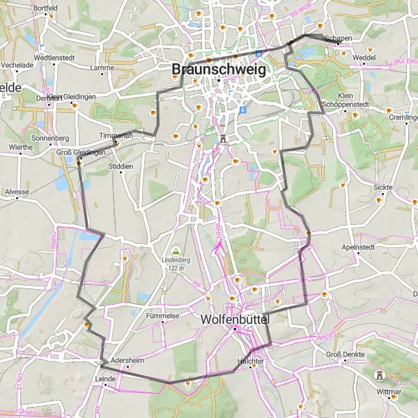 Map miniature of "Scenic Tour around Schapen" cycling inspiration in Braunschweig, Germany. Generated by Tarmacs.app cycling route planner