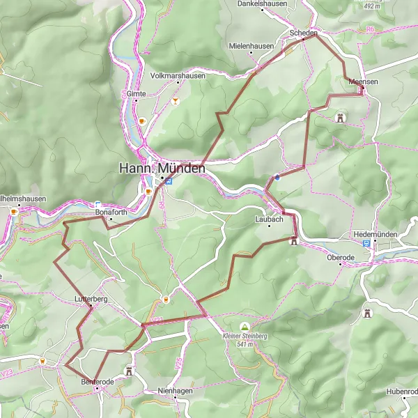 Karten-Miniaturansicht der Radinspiration "Gravelroute Brackenberg-Hann. Münden" in Braunschweig, Germany. Erstellt vom Tarmacs.app-Routenplaner für Radtouren