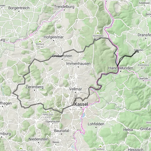 Karten-Miniaturansicht der Radinspiration "Straßenroute Hann. Münden-Gimte" in Braunschweig, Germany. Erstellt vom Tarmacs.app-Routenplaner für Radtouren