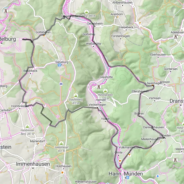 Karten-Miniaturansicht der Radinspiration "Rundtour durch die Weserberglandhügel" in Braunschweig, Germany. Erstellt vom Tarmacs.app-Routenplaner für Radtouren