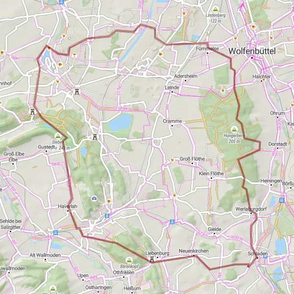 Map miniature of "Schladen Gravel Adventure" cycling inspiration in Braunschweig, Germany. Generated by Tarmacs.app cycling route planner