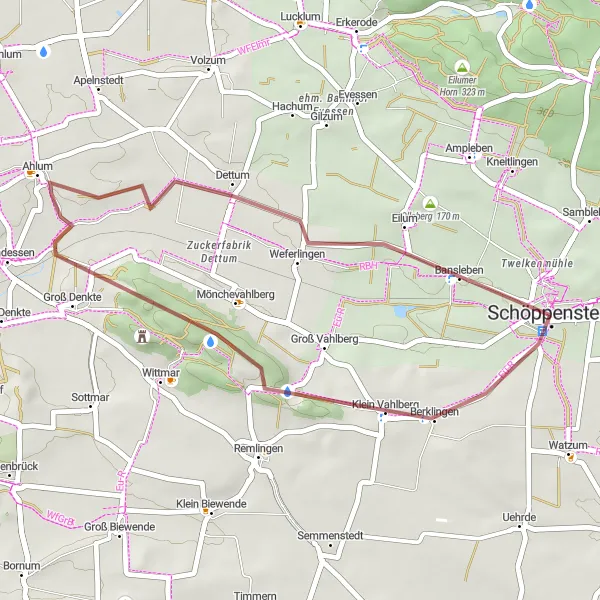 Map miniature of "Gravel Loop: Schöppenstedt - Klein Vahlberg - Festberg - Dettum - Schöppenstedt" cycling inspiration in Braunschweig, Germany. Generated by Tarmacs.app cycling route planner