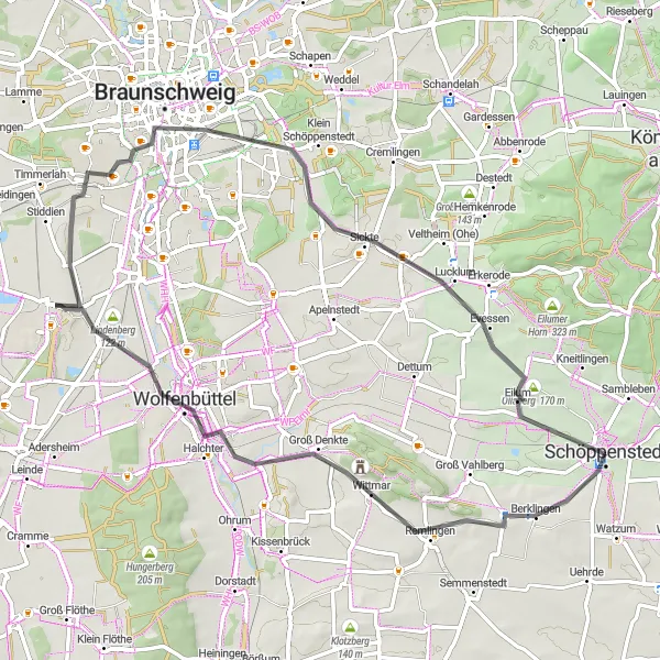 Map miniature of "Road Loop: Schöppenstedt - Klein Vahlberg - Galgenberg - Remlinger Herse - Wolfenbüttel - Steinberg - Brunswick - Evessen - Ollaberg - Schöppenstedt" cycling inspiration in Braunschweig, Germany. Generated by Tarmacs.app cycling route planner