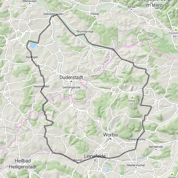 Karten-Miniaturansicht der Radinspiration "Erkundungstour um Rhumspringe" in Braunschweig, Germany. Erstellt vom Tarmacs.app-Routenplaner für Radtouren