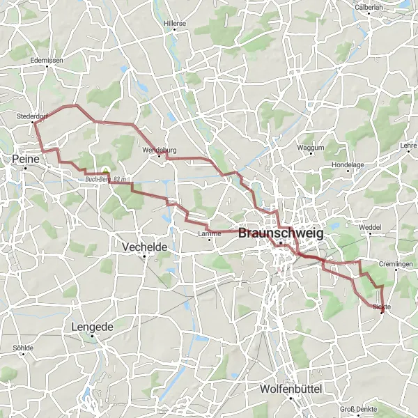 Map miniature of "Scenic gravel loop through Gaußberg, Roth-Berg, and Brunswick" cycling inspiration in Braunschweig, Germany. Generated by Tarmacs.app cycling route planner