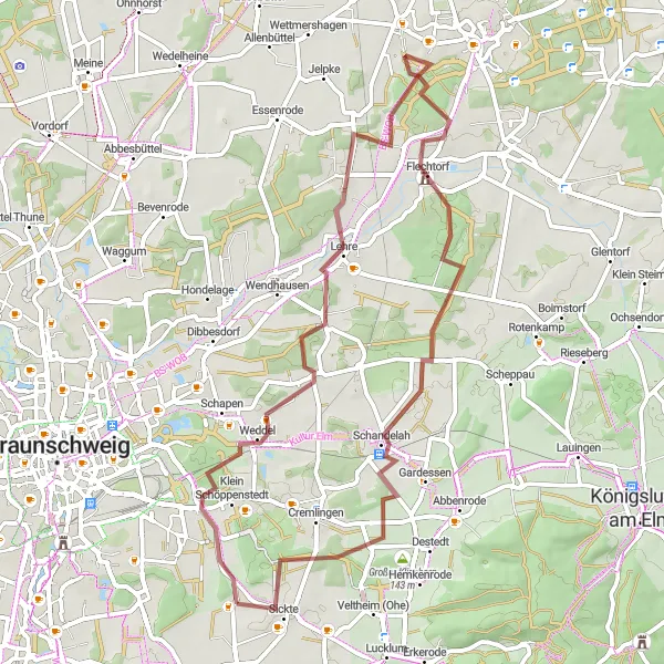 Map miniature of "Gravel exploration through Sickte and Lehre" cycling inspiration in Braunschweig, Germany. Generated by Tarmacs.app cycling route planner