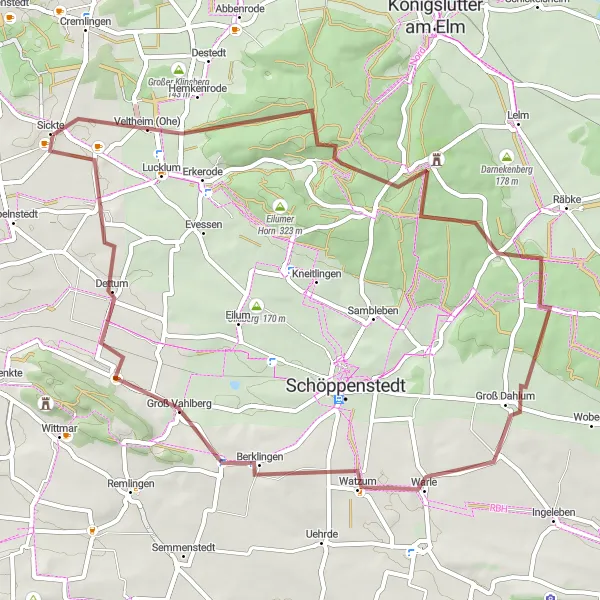 Map miniature of "Gravel route through Drachenberg, Langeleben, Watzum, and more" cycling inspiration in Braunschweig, Germany. Generated by Tarmacs.app cycling route planner