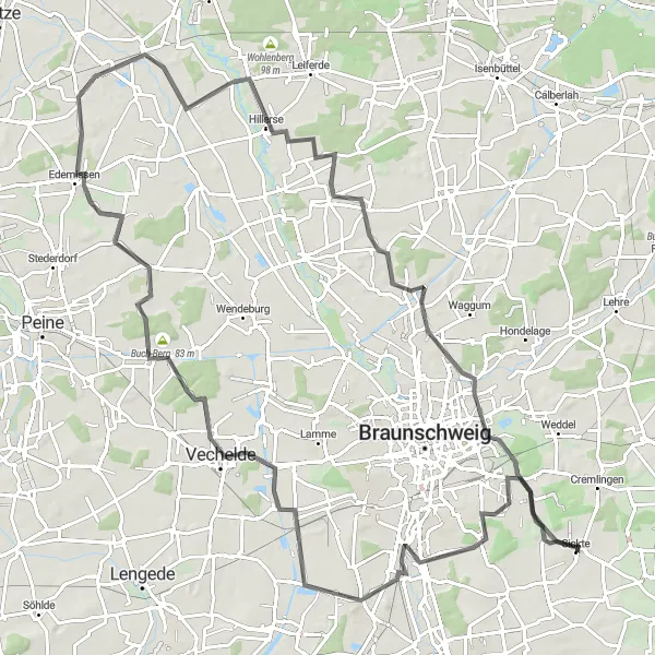 Karten-Miniaturansicht der Radinspiration "Road-Tour durch Vechelde und Umgebung" in Braunschweig, Germany. Erstellt vom Tarmacs.app-Routenplaner für Radtouren