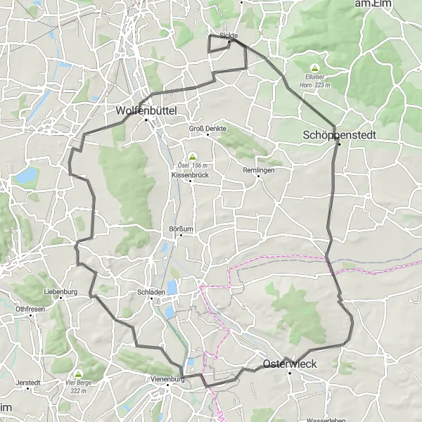 Map miniature of "Ollaberg and Wolfenbüttel Road Adventure" cycling inspiration in Braunschweig, Germany. Generated by Tarmacs.app cycling route planner