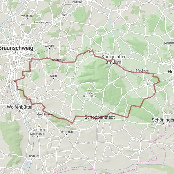 Map miniature of "Schöppenstedt Gravel Challenge" cycling inspiration in Braunschweig, Germany. Generated by Tarmacs.app cycling route planner