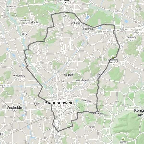 Map miniature of "Riding Between Brunswick and Cremlingen" cycling inspiration in Braunschweig, Germany. Generated by Tarmacs.app cycling route planner