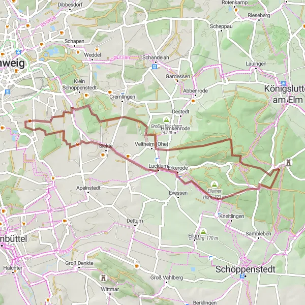 Map miniature of "Gravel Exploration" cycling inspiration in Braunschweig, Germany. Generated by Tarmacs.app cycling route planner