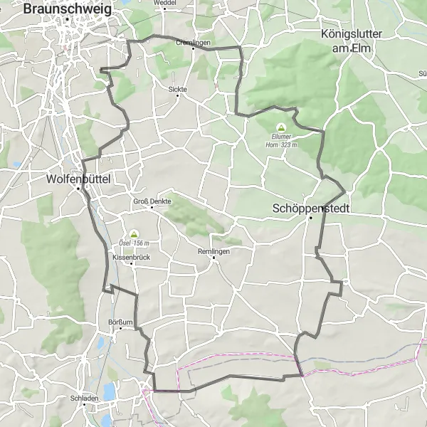 Map miniature of "Wolfenbüttel Adventure" cycling inspiration in Braunschweig, Germany. Generated by Tarmacs.app cycling route planner