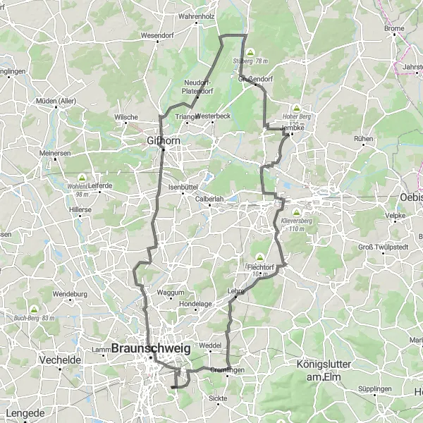 Karten-Miniaturansicht der Radinspiration "Hügeliges Road Cycling Abenteuer" in Braunschweig, Germany. Erstellt vom Tarmacs.app-Routenplaner für Radtouren