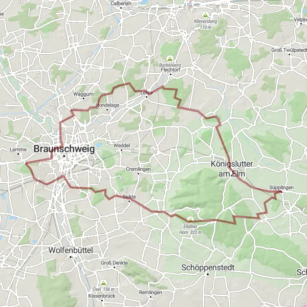 Karten-Miniaturansicht der Radinspiration "Elm-Lappwald-Rundtour ab Süpplingen" in Braunschweig, Germany. Erstellt vom Tarmacs.app-Routenplaner für Radtouren