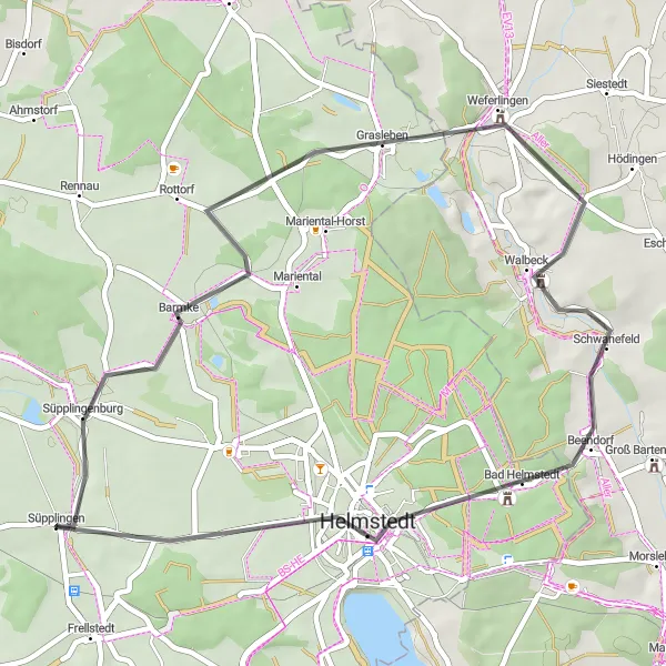 Karten-Miniaturansicht der Radinspiration "Rundfahrt von Süpplingen nach Süpplingenburg und Helmstedt" in Braunschweig, Germany. Erstellt vom Tarmacs.app-Routenplaner für Radtouren