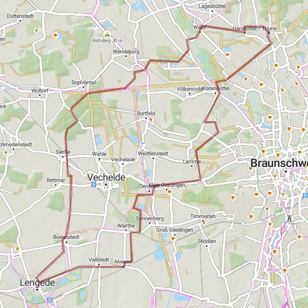 Karten-Miniaturansicht der Radinspiration "Gravel-Abenteuer um Seilbahnberg" in Braunschweig, Germany. Erstellt vom Tarmacs.app-Routenplaner für Radtouren