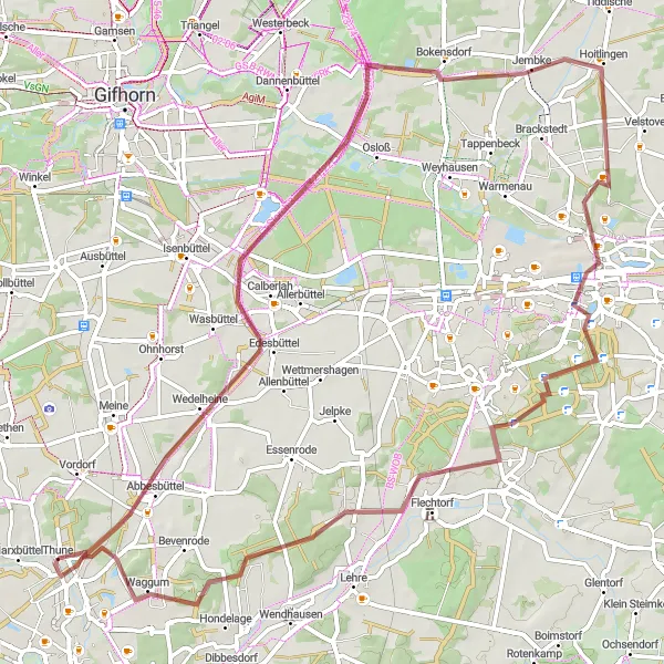 Karten-Miniaturansicht der Radinspiration "Gravel-Abenteuer durch die Natur" in Braunschweig, Germany. Erstellt vom Tarmacs.app-Routenplaner für Radtouren