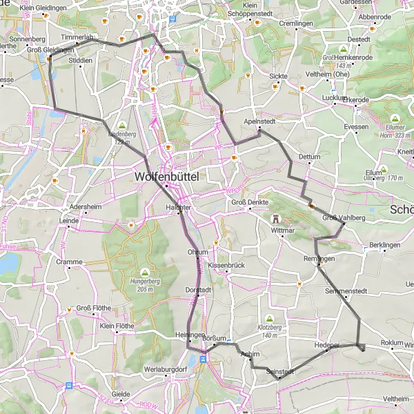 Map miniature of "Hilltops and Valleys" cycling inspiration in Braunschweig, Germany. Generated by Tarmacs.app cycling route planner