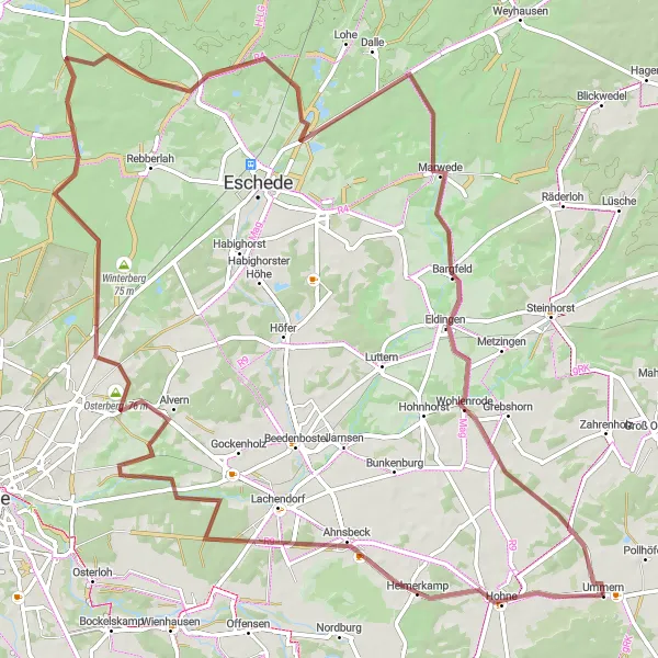 Map miniature of "Gravel Adventure in Ummern" cycling inspiration in Braunschweig, Germany. Generated by Tarmacs.app cycling route planner