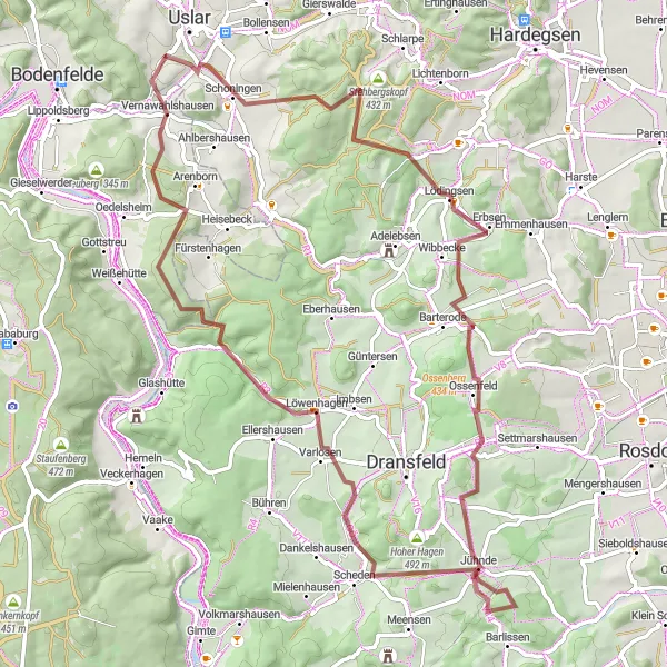 Karten-Miniaturansicht der Radinspiration "Naturverbundene Gravelroute um Uslar" in Braunschweig, Germany. Erstellt vom Tarmacs.app-Routenplaner für Radtouren