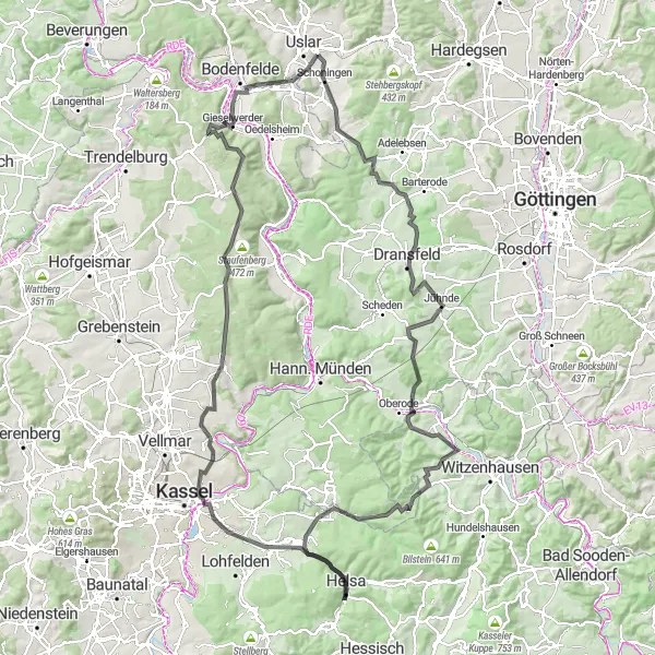 Map miniature of "Verliehausen to Vernawahlshausen" cycling inspiration in Braunschweig, Germany. Generated by Tarmacs.app cycling route planner