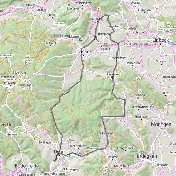 Karten-Miniaturansicht der Radinspiration "Rundtour durch Uslar und Dassel" in Braunschweig, Germany. Erstellt vom Tarmacs.app-Routenplaner für Radtouren