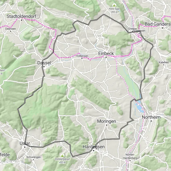 Karten-Miniaturansicht der Radinspiration "Hügeliges Weserbergland: Über Dörfer und Wälder" in Braunschweig, Germany. Erstellt vom Tarmacs.app-Routenplaner für Radtouren