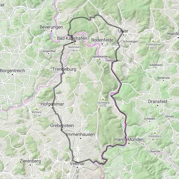 Karten-Miniaturansicht der Radinspiration "Malermüller-Runde in der Nähe von Uslar" in Braunschweig, Germany. Erstellt vom Tarmacs.app-Routenplaner für Radtouren