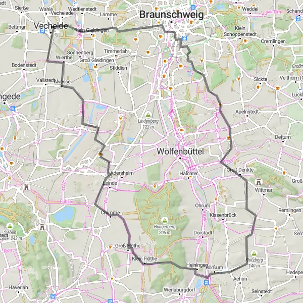 Karten-Miniaturansicht der Radinspiration "Rundkurs durch die grünen Ebenen nach Köchingen" in Braunschweig, Germany. Erstellt vom Tarmacs.app-Routenplaner für Radtouren