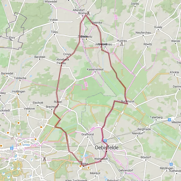 Map miniature of "Gravel Ride to Rühen and Oebisfelde" cycling inspiration in Braunschweig, Germany. Generated by Tarmacs.app cycling route planner