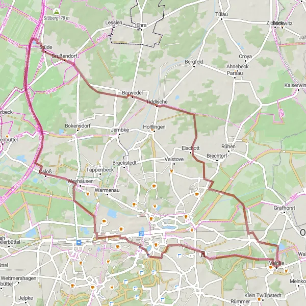 Karten-Miniaturansicht der Radinspiration "Gravel-Tour rund um Velpke" in Braunschweig, Germany. Erstellt vom Tarmacs.app-Routenplaner für Radtouren