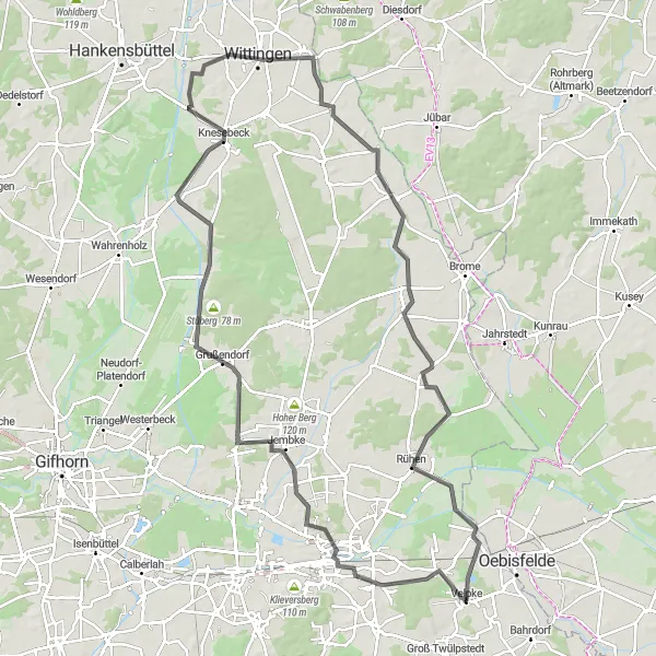 Map miniature of "Danndorf Loop via Wittingen" cycling inspiration in Braunschweig, Germany. Generated by Tarmacs.app cycling route planner