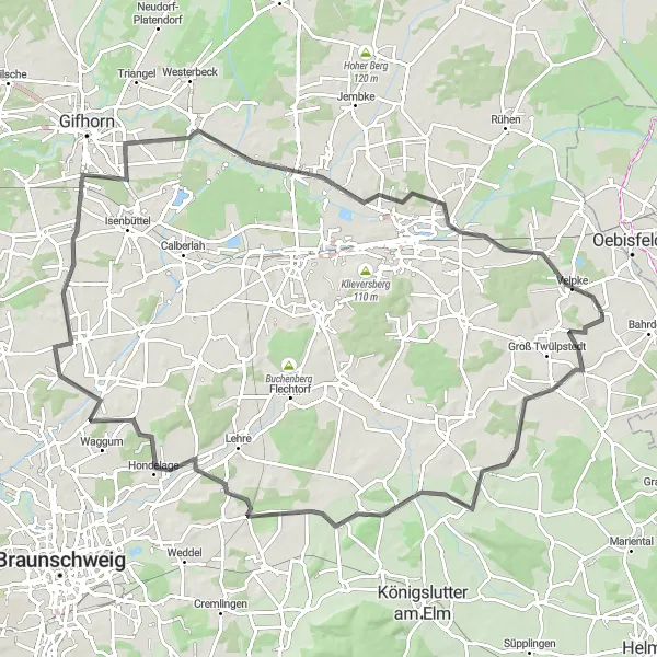 Map miniature of "Velpke Geopunkt Loop" cycling inspiration in Braunschweig, Germany. Generated by Tarmacs.app cycling route planner