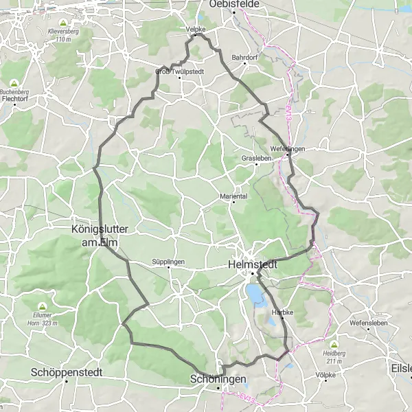 Map miniature of "Velpke to Weferlingen Loop" cycling inspiration in Braunschweig, Germany. Generated by Tarmacs.app cycling route planner