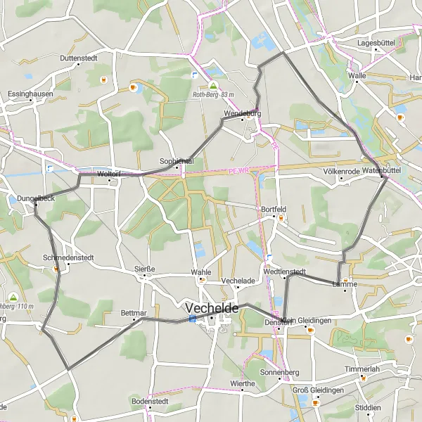 Map miniature of "Veltenhof to Harvesse via Vechelde and Buch-Berg" cycling inspiration in Braunschweig, Germany. Generated by Tarmacs.app cycling route planner