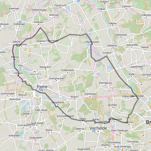 Map miniature of "Veltenhof to Hülperode via Vechelde and Ersehof" cycling inspiration in Braunschweig, Germany. Generated by Tarmacs.app cycling route planner