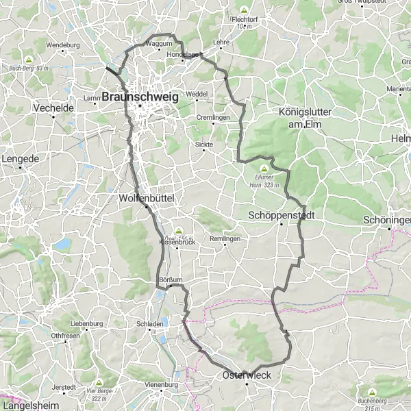 Map miniature of "Veltenhof to Ölper via Brauner Berg, Pflaumenberg, and Wolfenbüttel" cycling inspiration in Braunschweig, Germany. Generated by Tarmacs.app cycling route planner