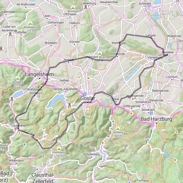 Map miniature of "Vienenburg Extreme Road Challenge" cycling inspiration in Braunschweig, Germany. Generated by Tarmacs.app cycling route planner