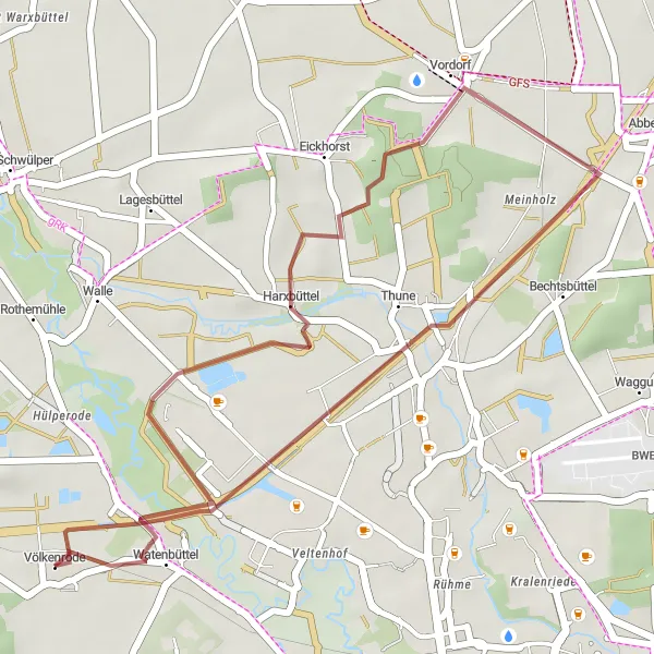 Map miniature of "Völkenrode Gravel Trail" cycling inspiration in Braunschweig, Germany. Generated by Tarmacs.app cycling route planner