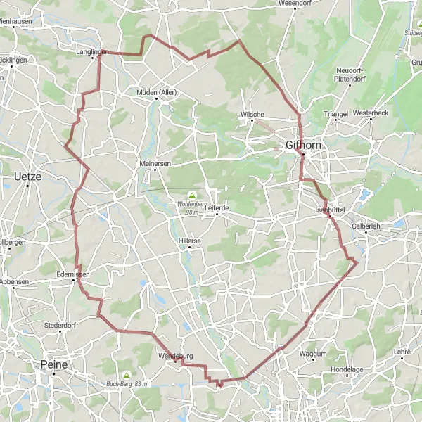 Karten-Miniaturansicht der Radinspiration "Rundweg vorbei an Roth-Berg und Hahnenhorn" in Braunschweig, Germany. Erstellt vom Tarmacs.app-Routenplaner für Radtouren