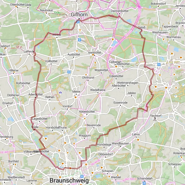 Map miniature of "Gravel Paradise: Völkenrode to Groß Brunsrode" cycling inspiration in Braunschweig, Germany. Generated by Tarmacs.app cycling route planner