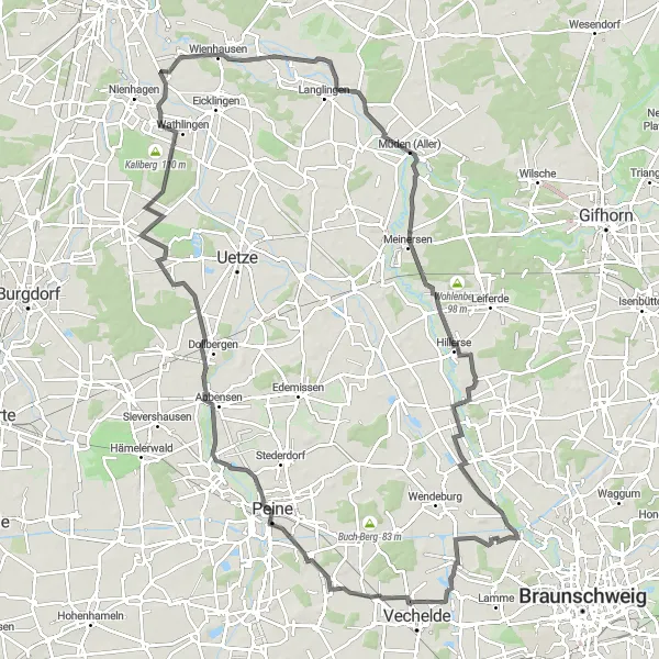 Map miniature of "Rural Charm: Völkenrode to Offensen" cycling inspiration in Braunschweig, Germany. Generated by Tarmacs.app cycling route planner