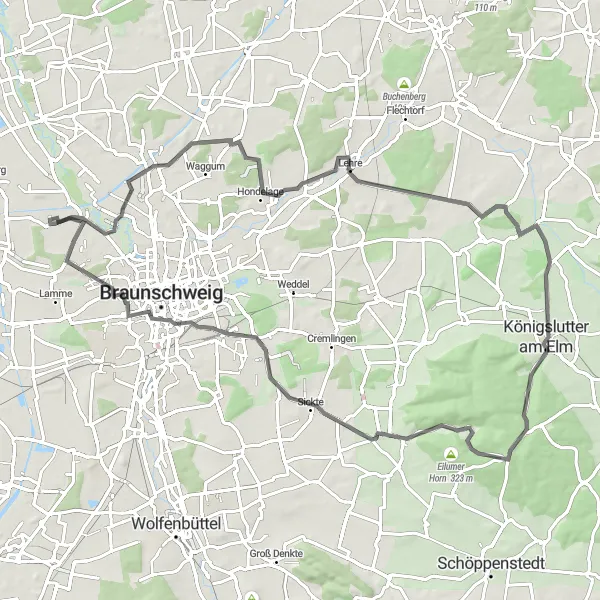 Map miniature of "Lehre Castle Circuit" cycling inspiration in Braunschweig, Germany. Generated by Tarmacs.app cycling route planner