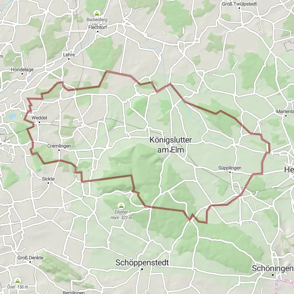 Map miniature of "Boimstorf - Frellstedt - Osterberg - Veltheim (Ohe) - Klein Schöppenstedt Gravel Loop" cycling inspiration in Braunschweig, Germany. Generated by Tarmacs.app cycling route planner