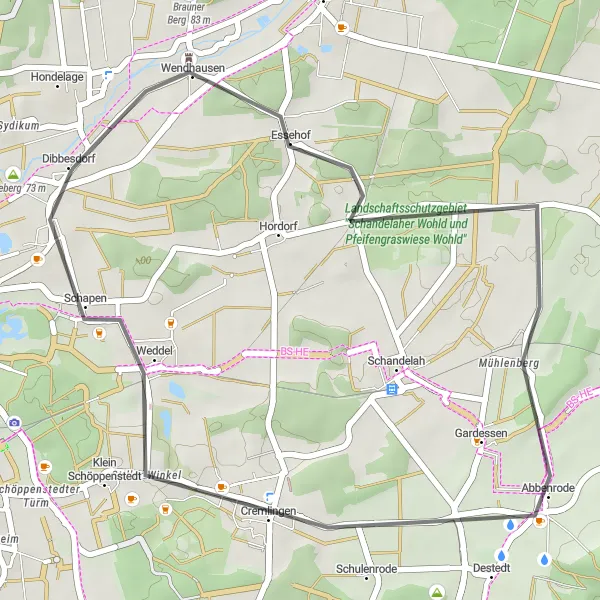 Map miniature of "Wendhausen - Volkmarode Loop" cycling inspiration in Braunschweig, Germany. Generated by Tarmacs.app cycling route planner