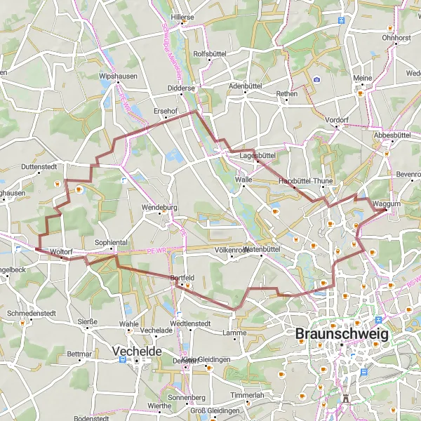 Map miniature of "Waggum Gravel Route" cycling inspiration in Braunschweig, Germany. Generated by Tarmacs.app cycling route planner