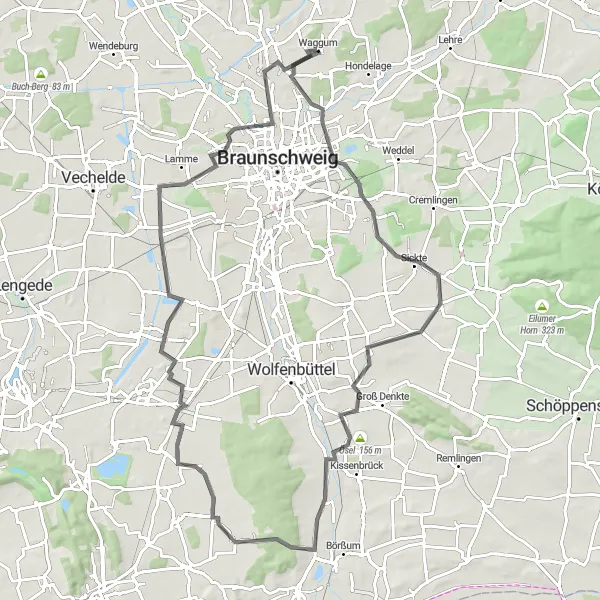 Map miniature of "Scenic Road Cycling Route" cycling inspiration in Braunschweig, Germany. Generated by Tarmacs.app cycling route planner