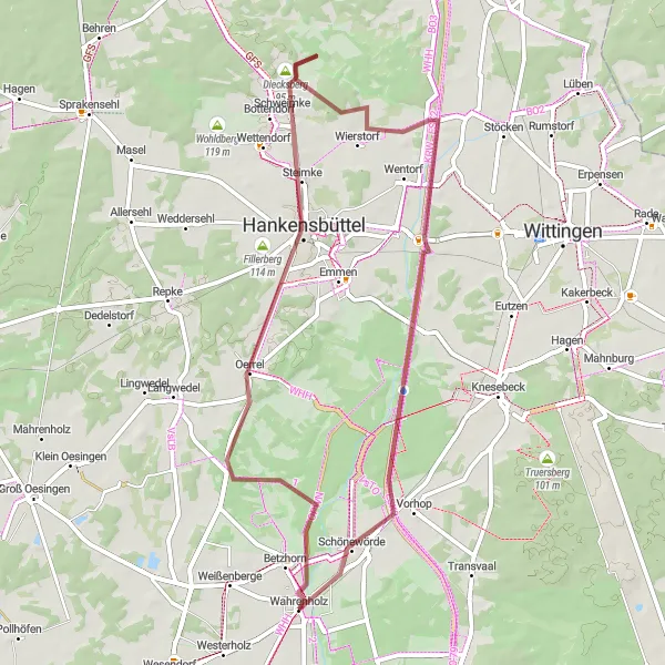 Map miniature of "Betzhorn Circular Gravel Route" cycling inspiration in Braunschweig, Germany. Generated by Tarmacs.app cycling route planner