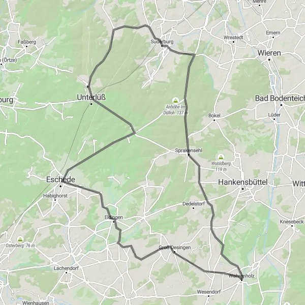 Map miniature of "Wahrenholz to Wahrenholz via Groß Oesingen" cycling inspiration in Braunschweig, Germany. Generated by Tarmacs.app cycling route planner